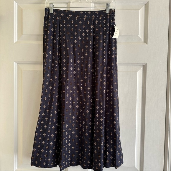 Alain Gerard Vintage 80s Navy Midi Skirt fleur-de-lis print Equestrian Size 6 - Picture 1 of 10